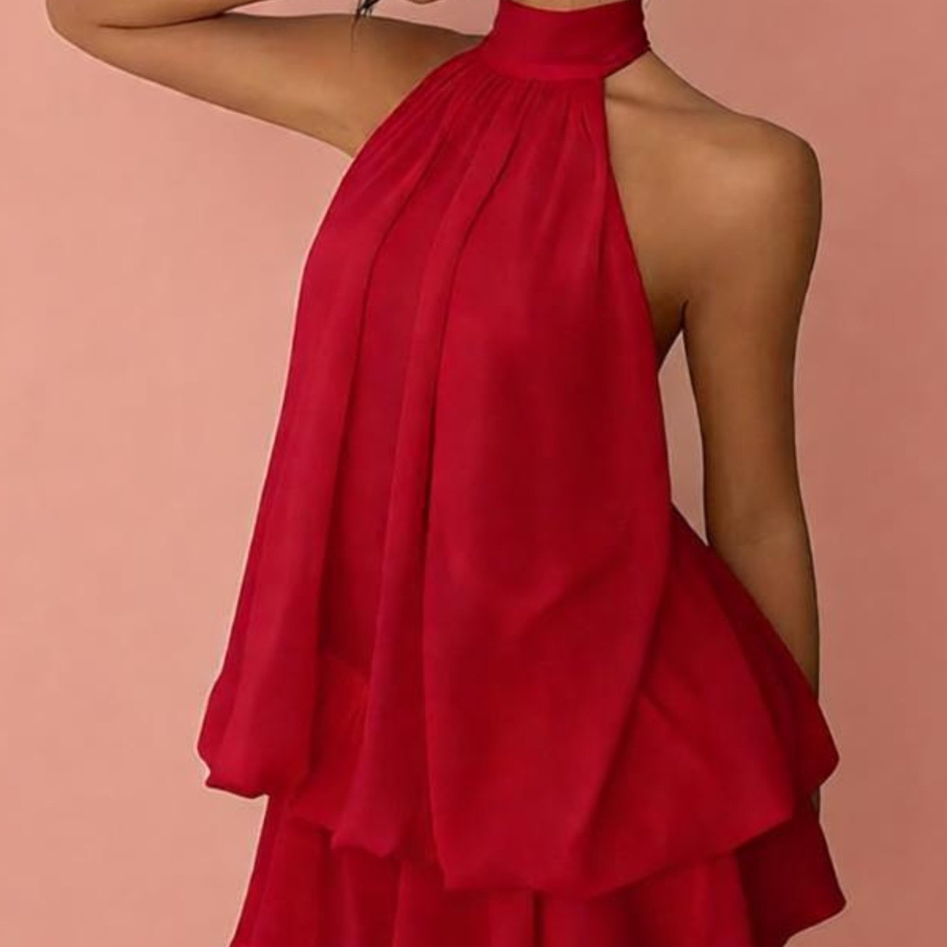 Backless Halter Mini Dress Y2K Party Outfit in vibrant red, perfect for stylish night out or special occasions.