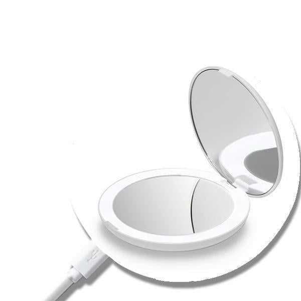 Rechargeable LED Handheld Makeup Mirror opened, showcasing its sleek design and reflective surface.