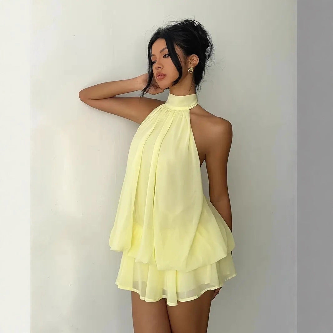 Backless Halter Mini Dress Y2K Party Outfit in soft yellow, perfect for trendy parties and special occasions.