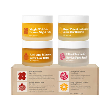 Hydrating Face & Eye Care Set for Moisturized Glowing Skin featuring four skincare balms for wrinkle reduction and dark circle treatment.