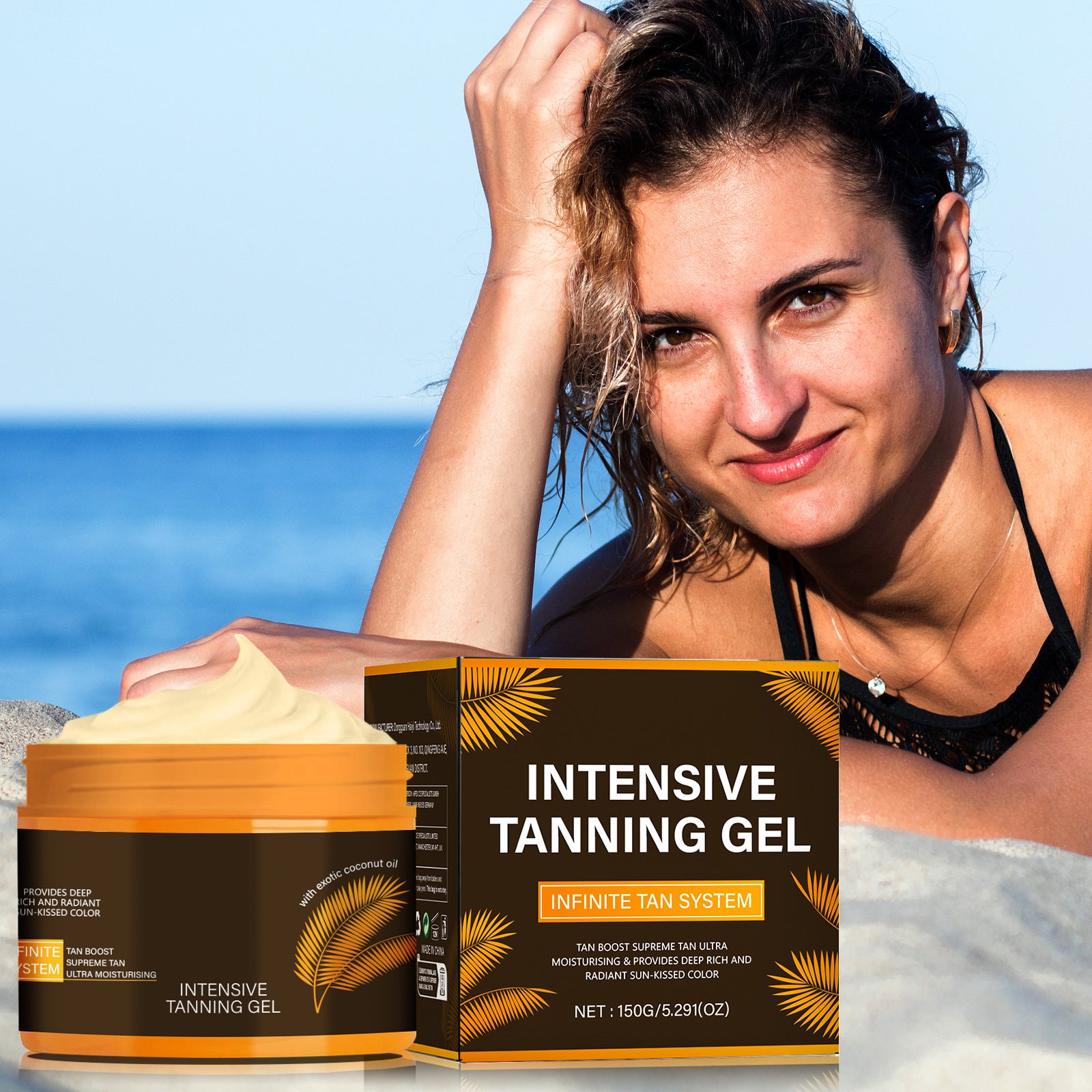 Image of a woman using Intensive Tanning Gel Body Bronzer Even Skin Tone beside the product packaging on the beach.
