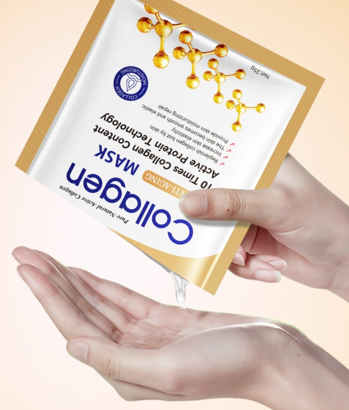 Collagen Anti Wrinkle Facial Mask packaging held in hand, showcasing its hydrating properties and beauty routine benefits.