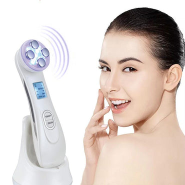5-in-1 Electric Face Massager Device in use, demonstrating advanced skincare technology for a refreshing experience.