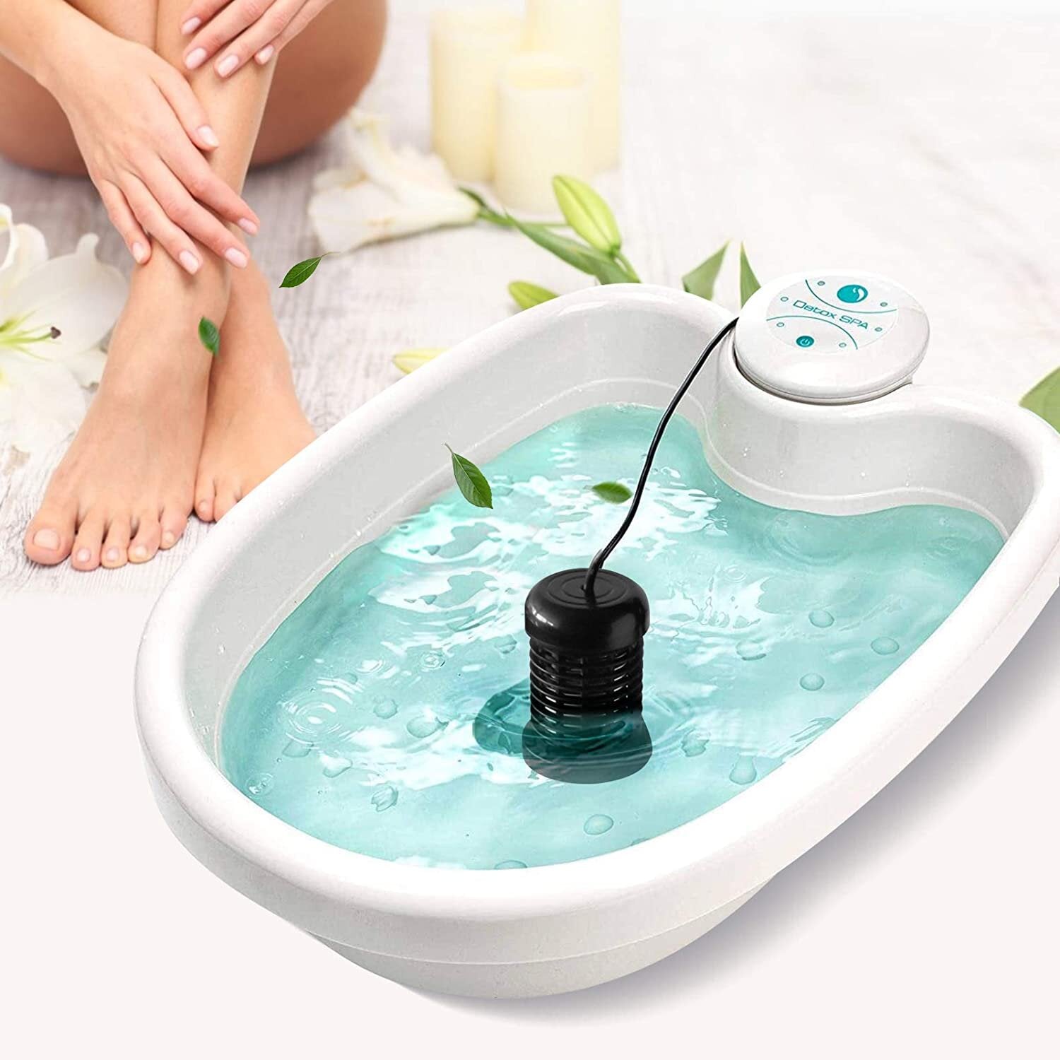 Ionic Detox Foot Spa Cleanse Machine in use with serene water and feet, promoting relaxation and wellness at home.