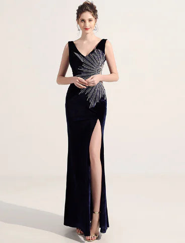 Elegant Deep V-Neck Sequin Bodycon Dress with a thigh-high slit, perfect for evening events and formal occasions.