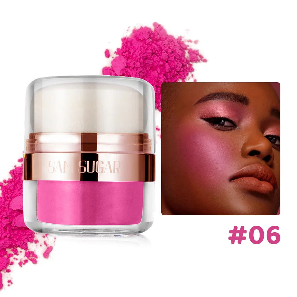 6 Color Air Cushion Blush Silky Smooth Matte Eye Shadow in vibrant pink shade, showcasing makeup application on model.