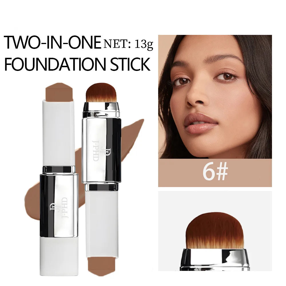 Two-in-one Brush Head Foundation Stick displayed with brush tip and model showcasing skin match.