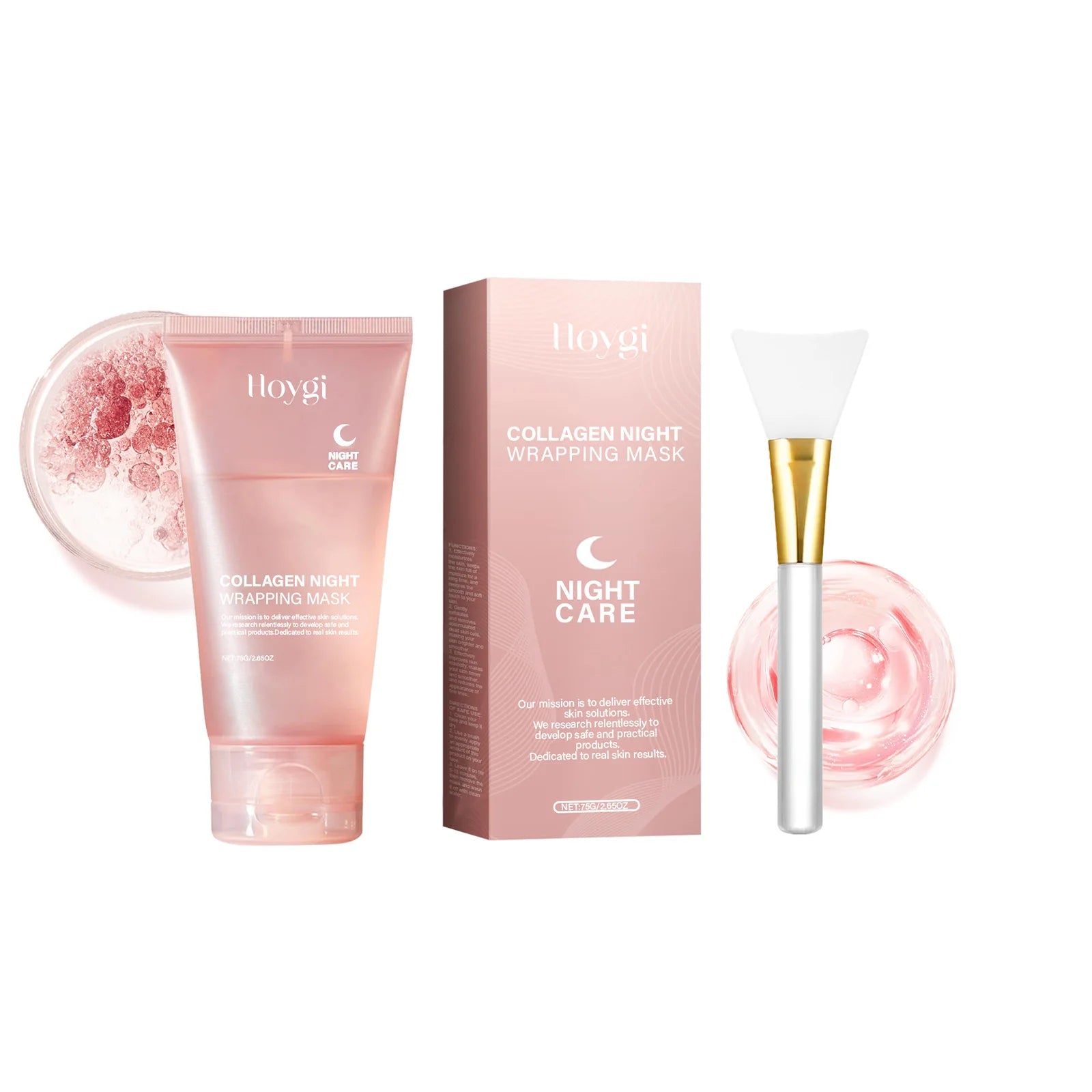 Collagen Night Wrapping Sleeping Mask packaging and applicator alongside product in jar for nighttime skincare routine.