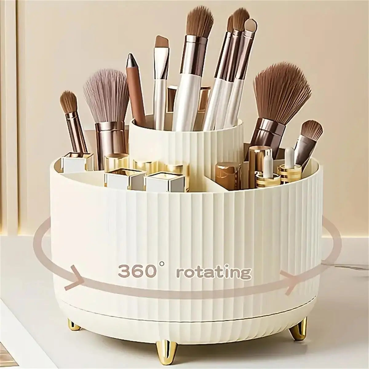 360 Rotating Makeup Storage Organizer with various makeup brushes and lipsticks organized neatly.