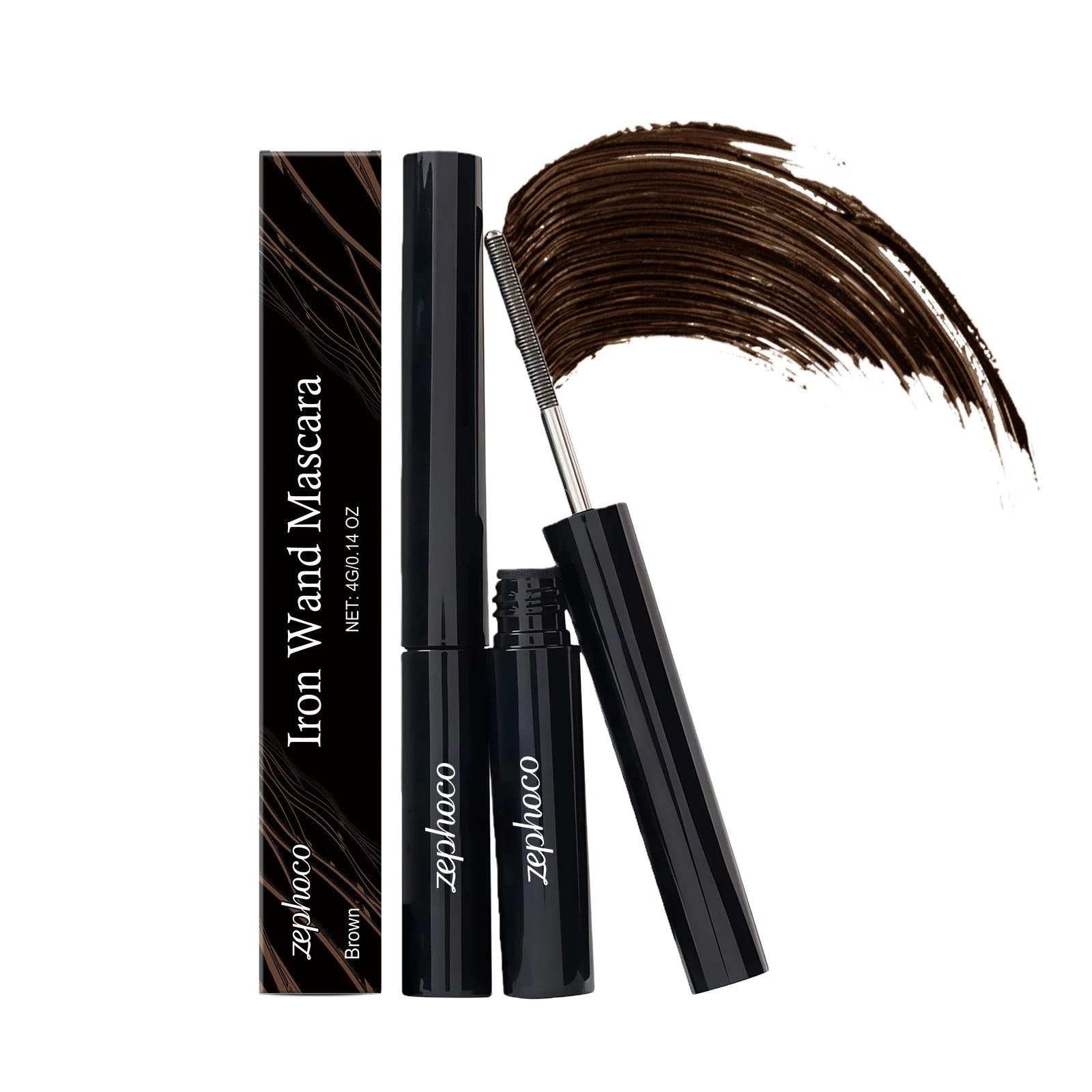Blaire Iron Wand Lengthening & Curling Mascara in brown packaging with brush applicator for defined lashes.