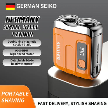 Rotary Mini Electric Smart Shaver with double ring magnetic blade and high-speed motor for portable shaving.