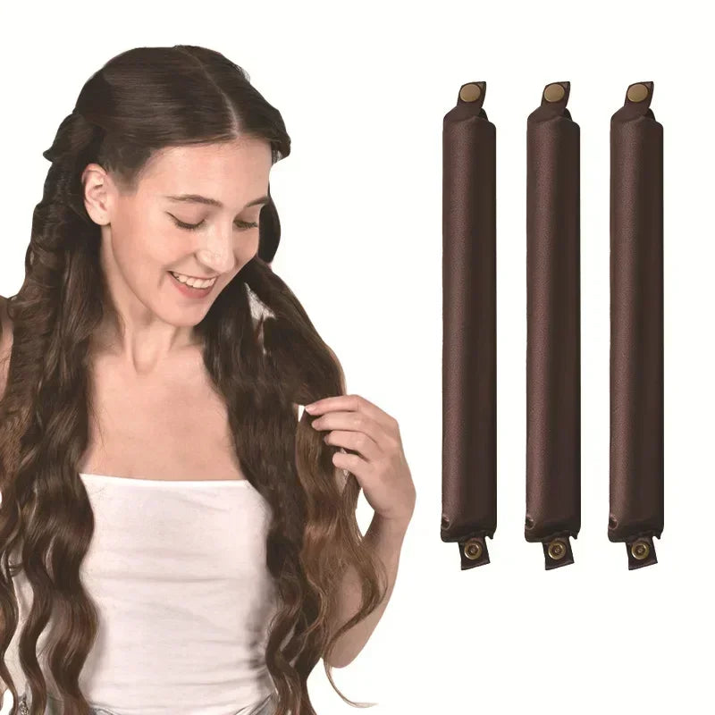 Heatless Hair Curler Curling Rod Headband set in use by a woman with long wavy hair, showcasing heatless styling.