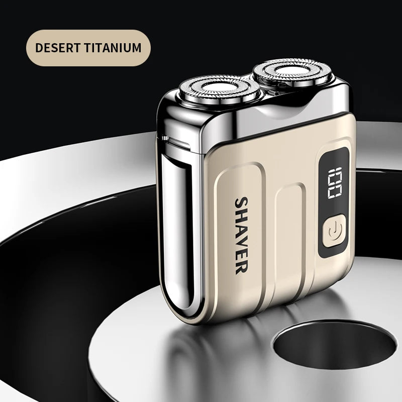 Rotary Mini Electric Smart Shaver in desert titanium finish, showcasing its sleek and compact design.