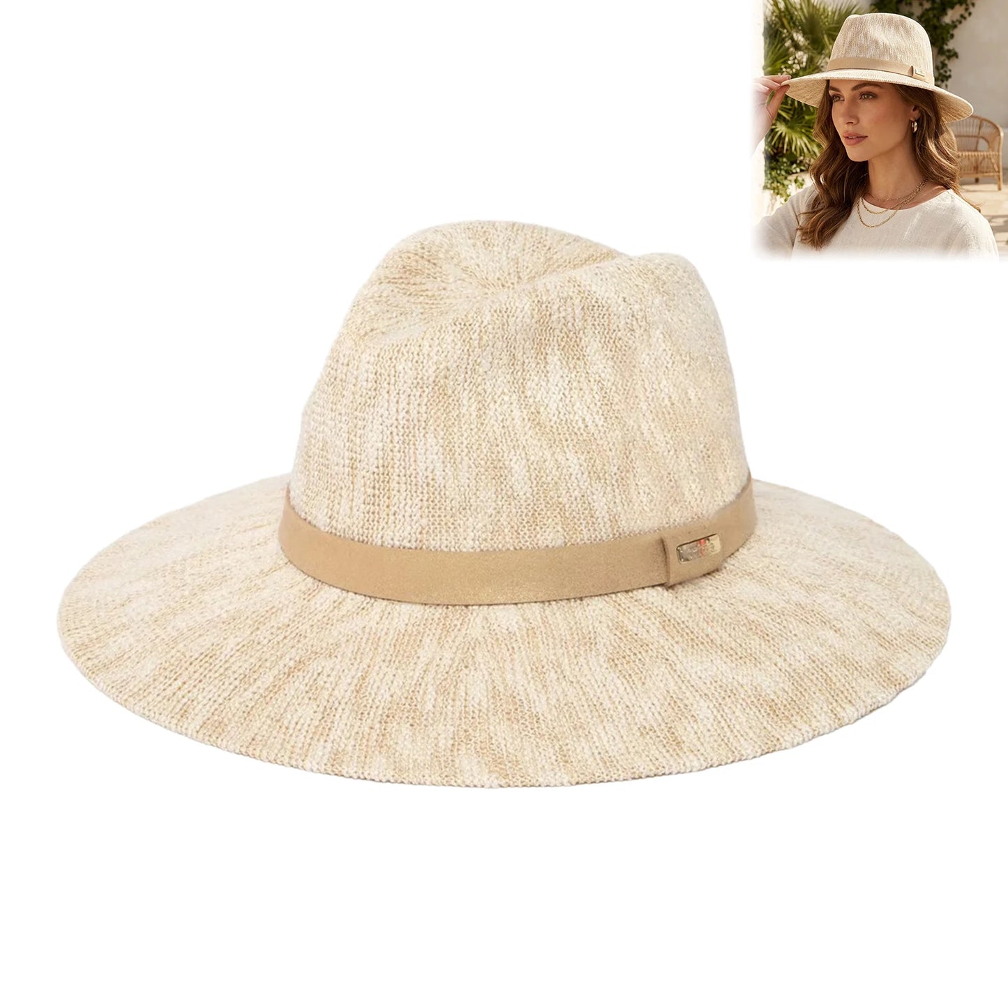 Packable Fedora Hat Wide Brim Travel Summer Unisex in beige color on a white background.