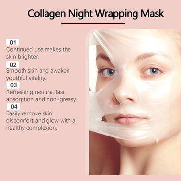 Collagen Night Wrapping Sleeping Mask features key benefits including brightening skin, smoothing texture, and hydrating overnight.