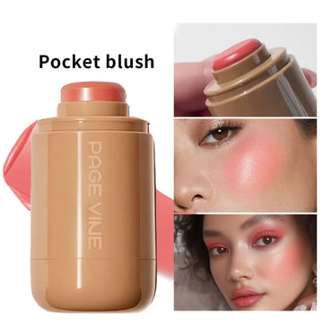 3-in-1 Cheek Lip Tinted Moistured Blush in Pocket Blush packaging with application examples on model.