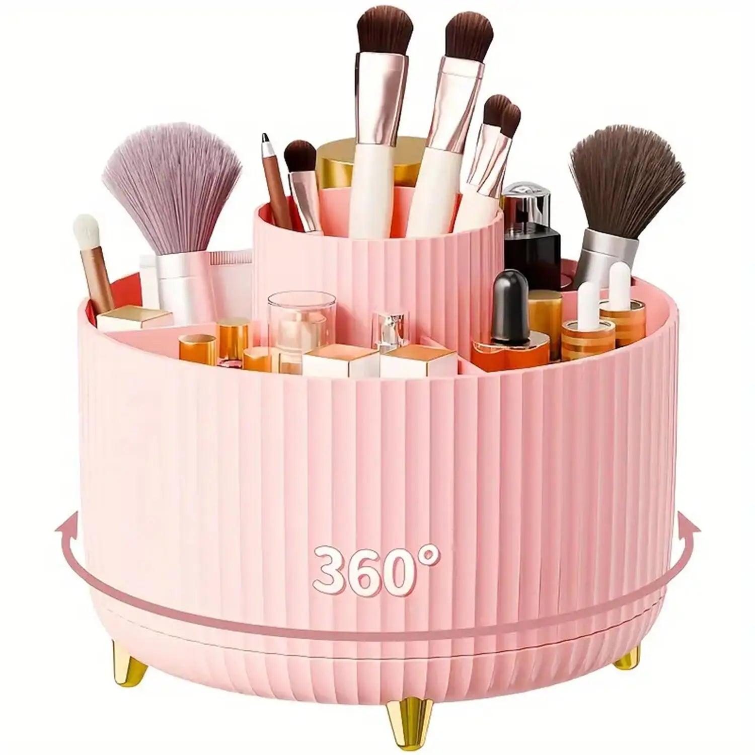 360 Rotating Makeup Storage Organizer filled with makeup brushes and skincare products in a stylish pink design.