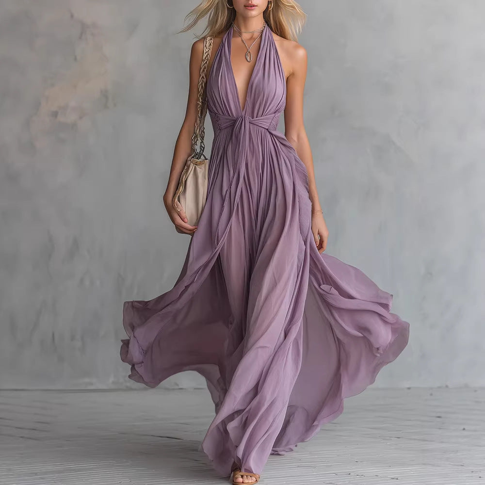FLAVIA Long Purple Dress Keyhole Neckline Chiffon Lace Trim flowing in the wind, showcasing elegance and style.