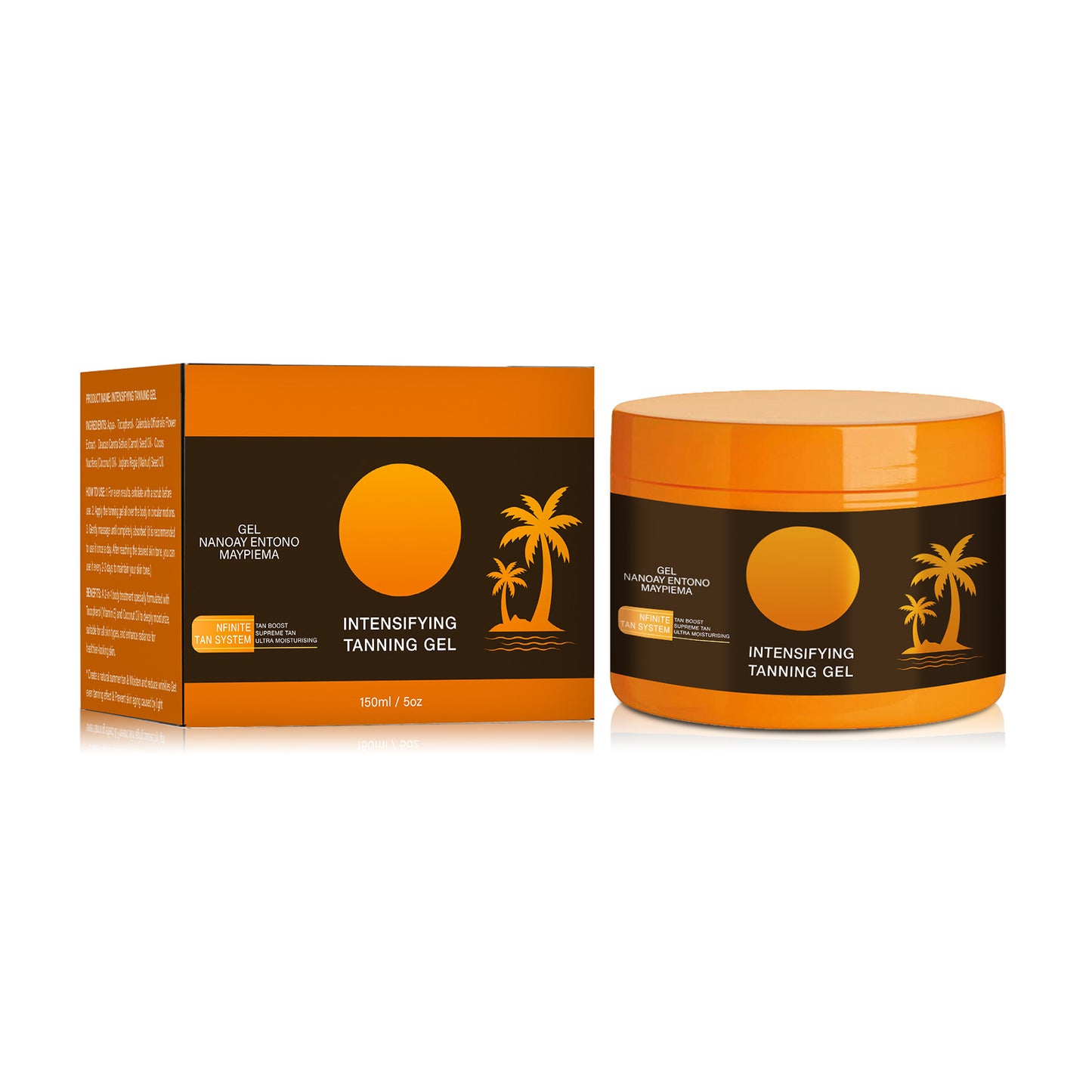 Intensive Tanning Gel Body Bronzer Even Skin Tone packaging showing jar and box with tropical design.