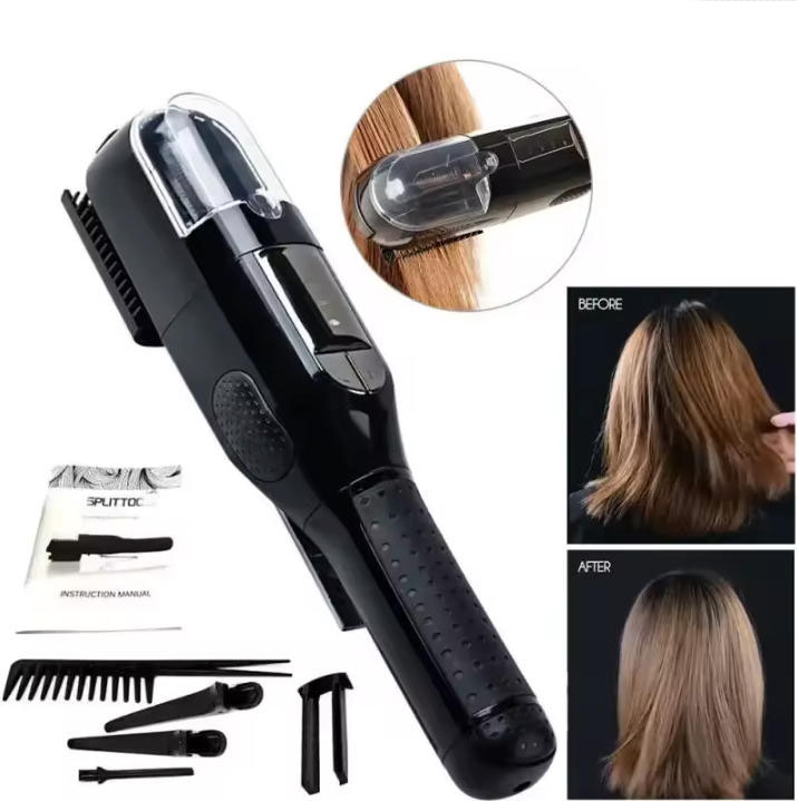 Split End Hair Trimmer for Smooth Healthy Looking Hair with before and after styling results, cordless design and accessories.