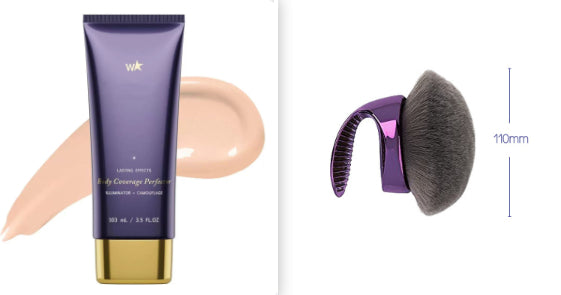 Body Coverage Perfector for Smooth Even Looking Skin tube and applicator brush on a light background.