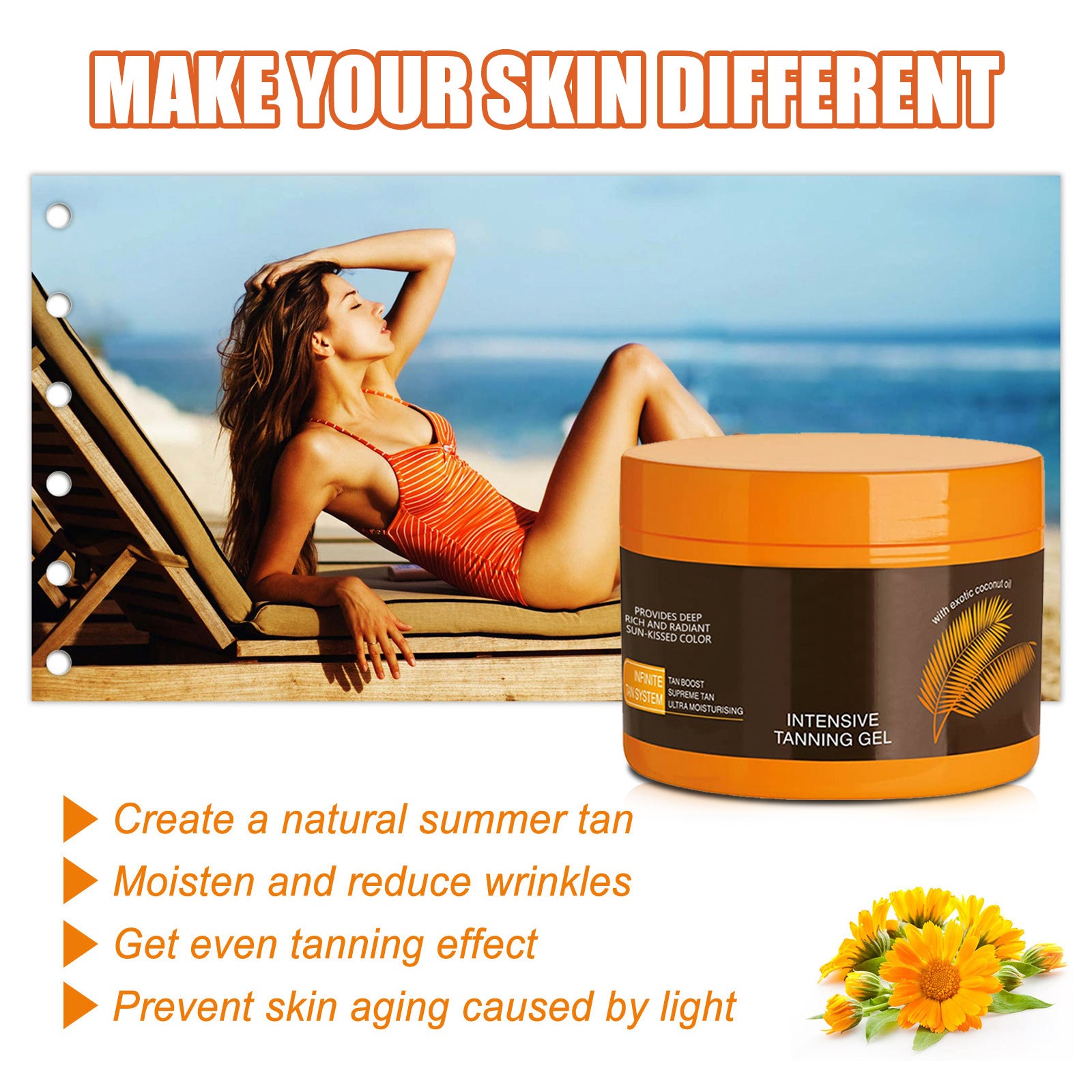 Model enjoying the sun using Intensive Tanning Gel Body Bronzer Even Skin Tone for a natural summer tan.