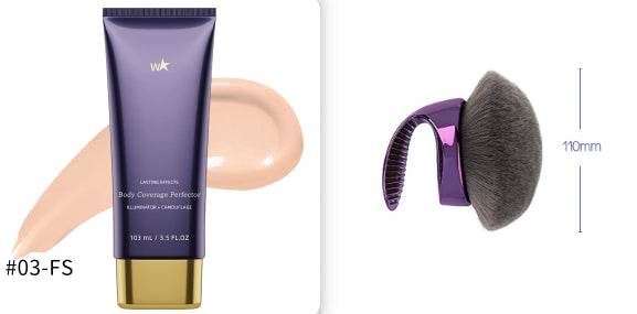 Body Coverage Perfector for Smooth Even Looking Skin with applicator brush and cream swatch.