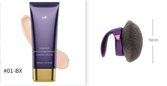 Body Coverage Perfector for Smooth Even Looking Skin tube with applicator brush beside it.