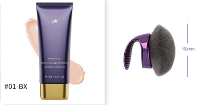 Body Coverage Perfector for Smooth Even Looking Skin tube with applicator brush beside it.
