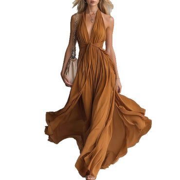 FLAVIA Long Purple Dress Keyhole Neckline Chiffon Lace Trim on a model wearing a flowing dress.