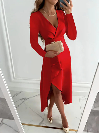 Women's Long-sleeved V-neck Pleated Split Dress in red with elegant styling and accessories.