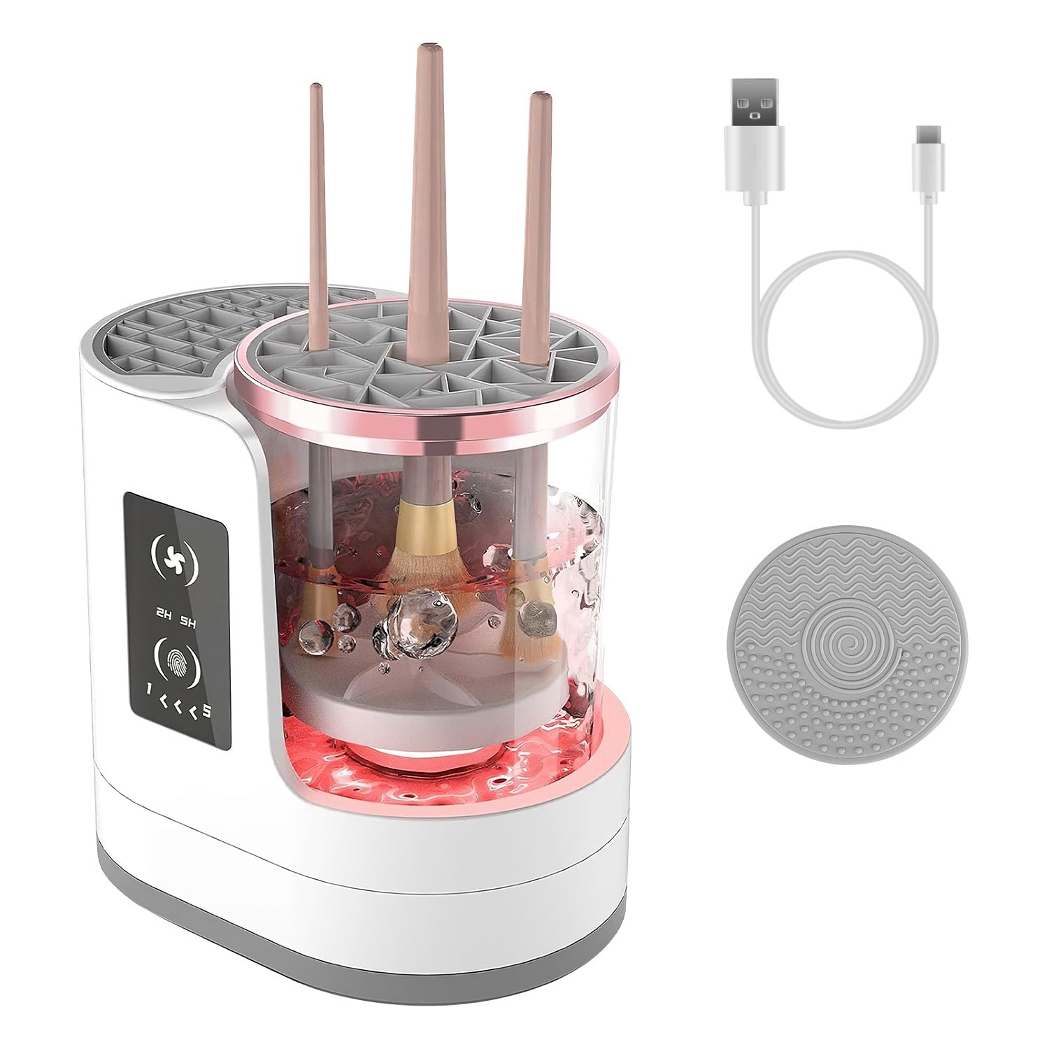 4 In 1 Electric Makeup Brush Cleaner with USB charging cable and cleaning pad for hassle-free brush cleaning.