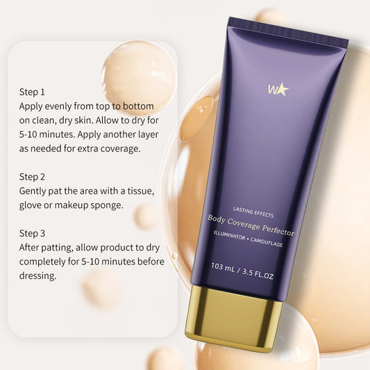 Body Coverage Perfector for Smooth Even Looking Skin application steps and instructions with product details.