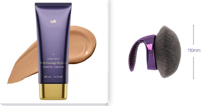 Body Coverage Perfector for Smooth Even Looking Skin tube with a foundation swatch and makeup brush beside it.