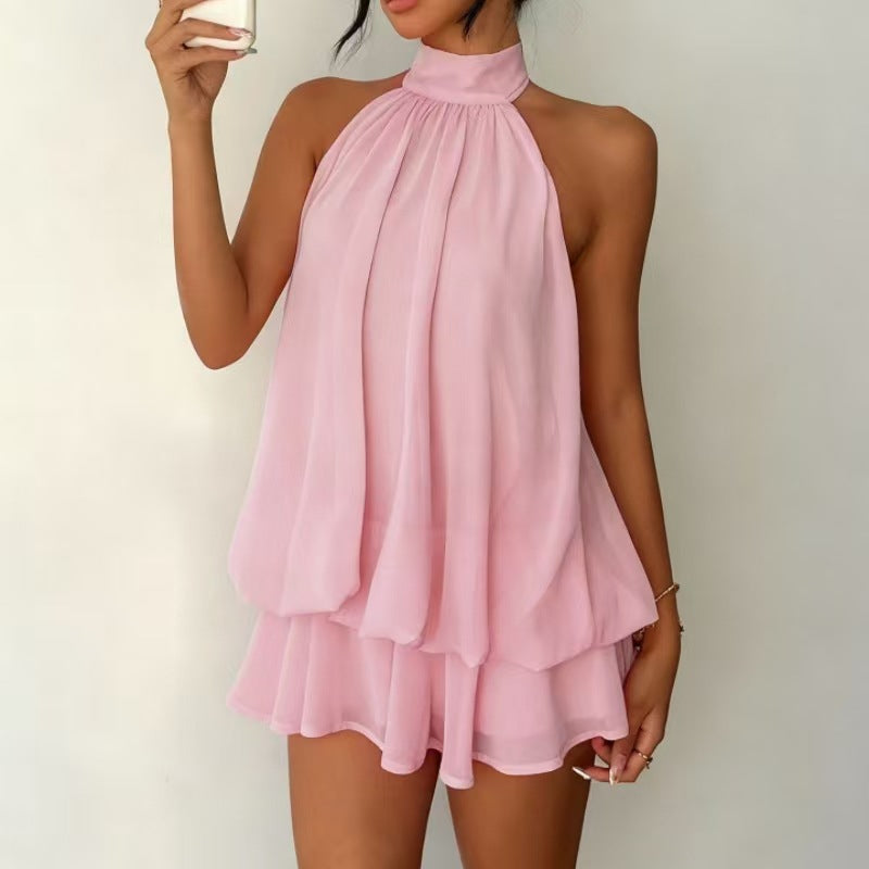 Backless Halter Mini Dress Y2K Party Outfit in soft pink, perfect for parties and special occasions.