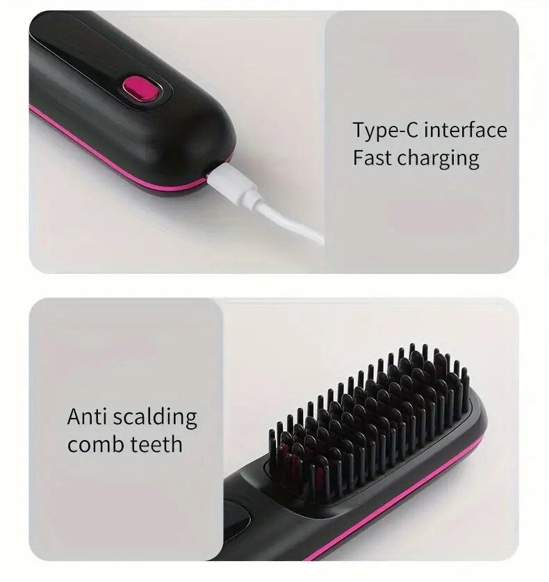 Close-up of Portable Cordless Hair Straightener USB Rechargeable showing Type-C interface and anti-scalding comb teeth.