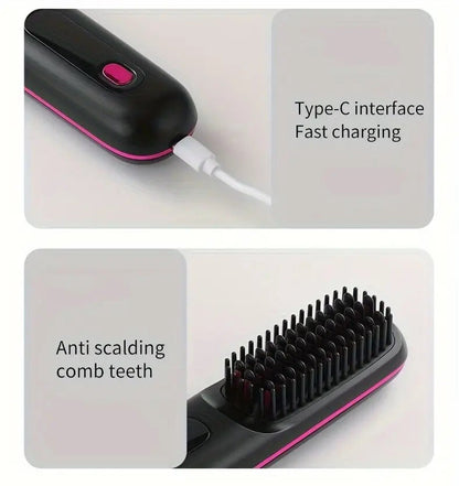 Close-up of Portable Cordless Hair Straightener USB Rechargeable showing Type-C interface and anti-scalding comb teeth.