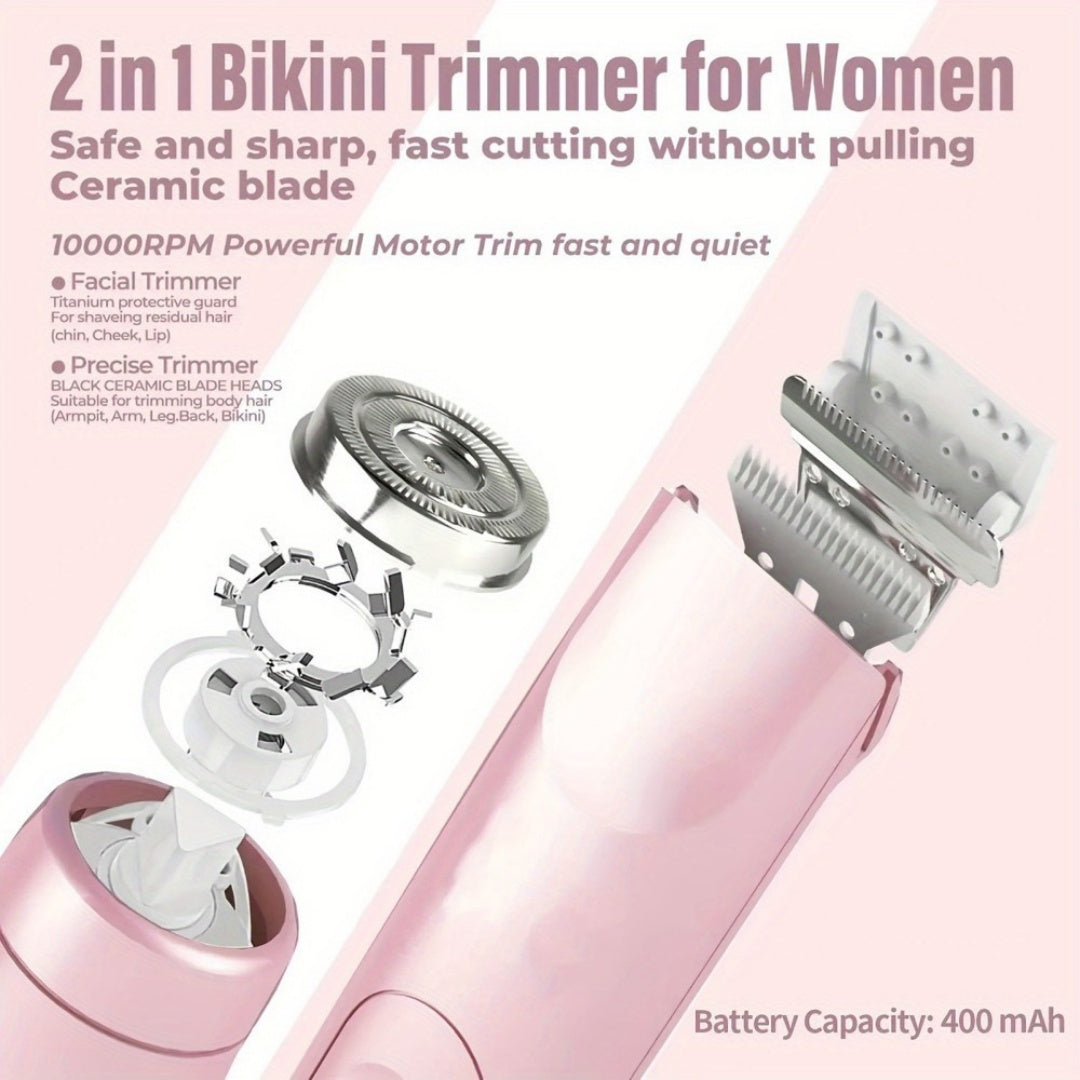2-in-1 Electric Razor for Women with fast cutting ceramic blade and 10000RPM motor for precise trimming.