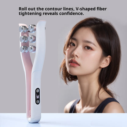 FaceSculpt EMS Microcurrent Face Lifting Beauty Roller beside a model showing ergonomic design and benefits.