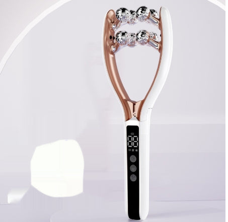 Facial Massager for Face and Neck with silver rollers and a digital display on a modern design.