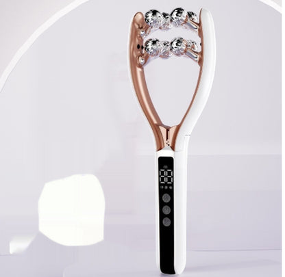 Facial Massager for Face and Neck with silver rollers and a digital display on a modern design.