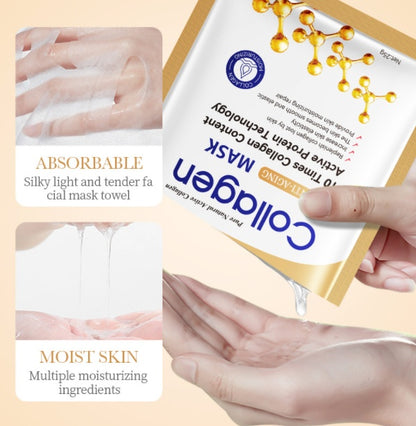 Collagen Anti Wrinkle Facial Mask packaging and application to achieve moisturized skin.