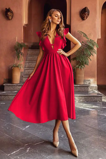 GraceFlow White Elegant Midi Dress showcased on a model in a stylish setting with a sophisticated look.