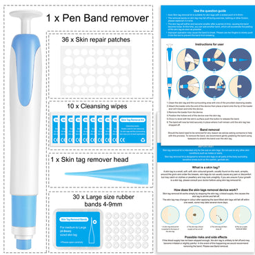 Skin Tag Removal Kit with Cleansing Swabs components including pen band remover, wipes, patches, and rubber bands.