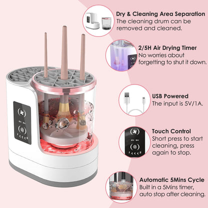 4 In 1 Electric Makeup Brush Cleaner showcasing features like USB power, touch control, and drying timer.