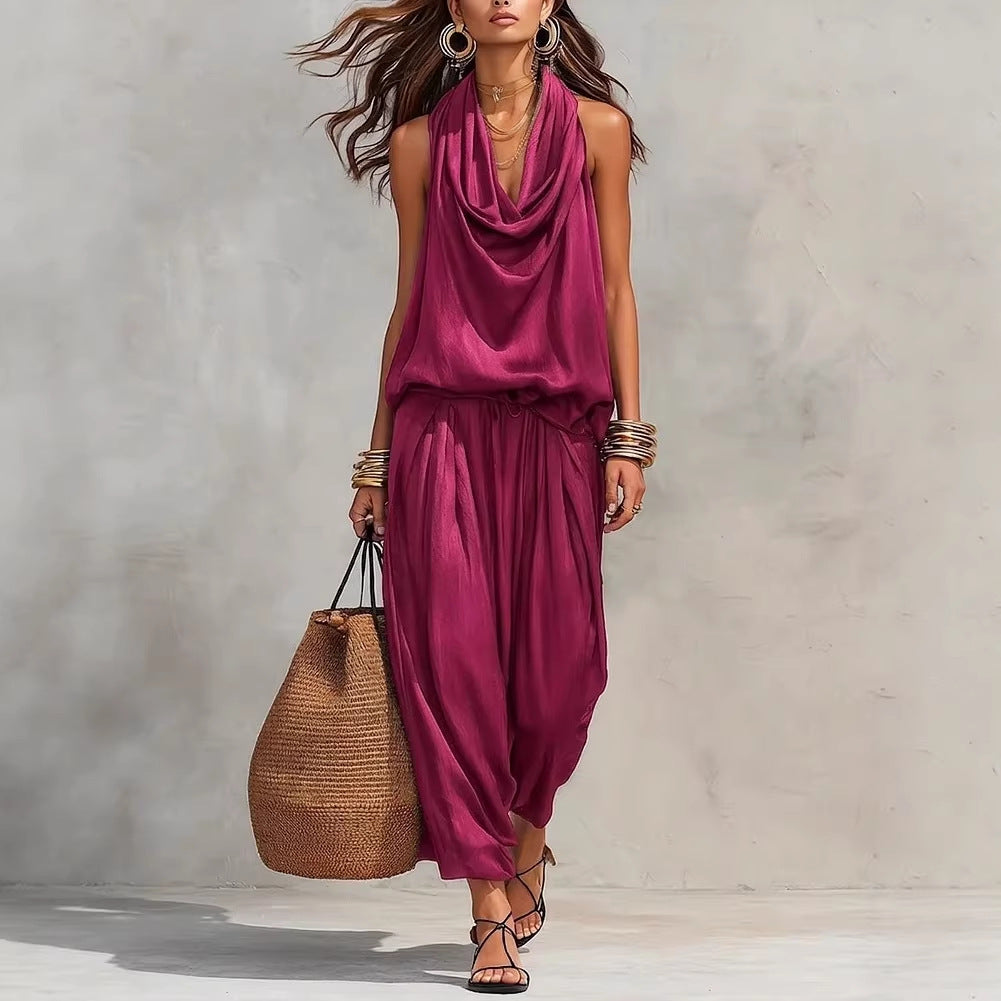 Simona Two-Piece Top & Pants Set modeled in a stylish, comfortable, and coordinated outfit for casual outings.
