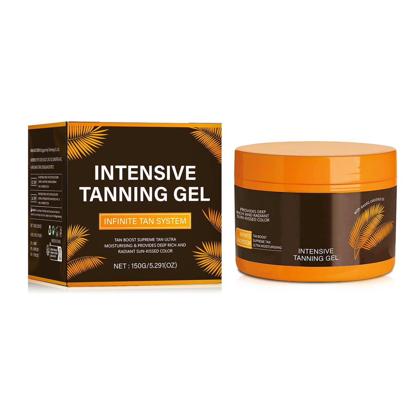 Intensive Tanning Gel Body Bronzer Even Skin Tone product packaging and jar on display.