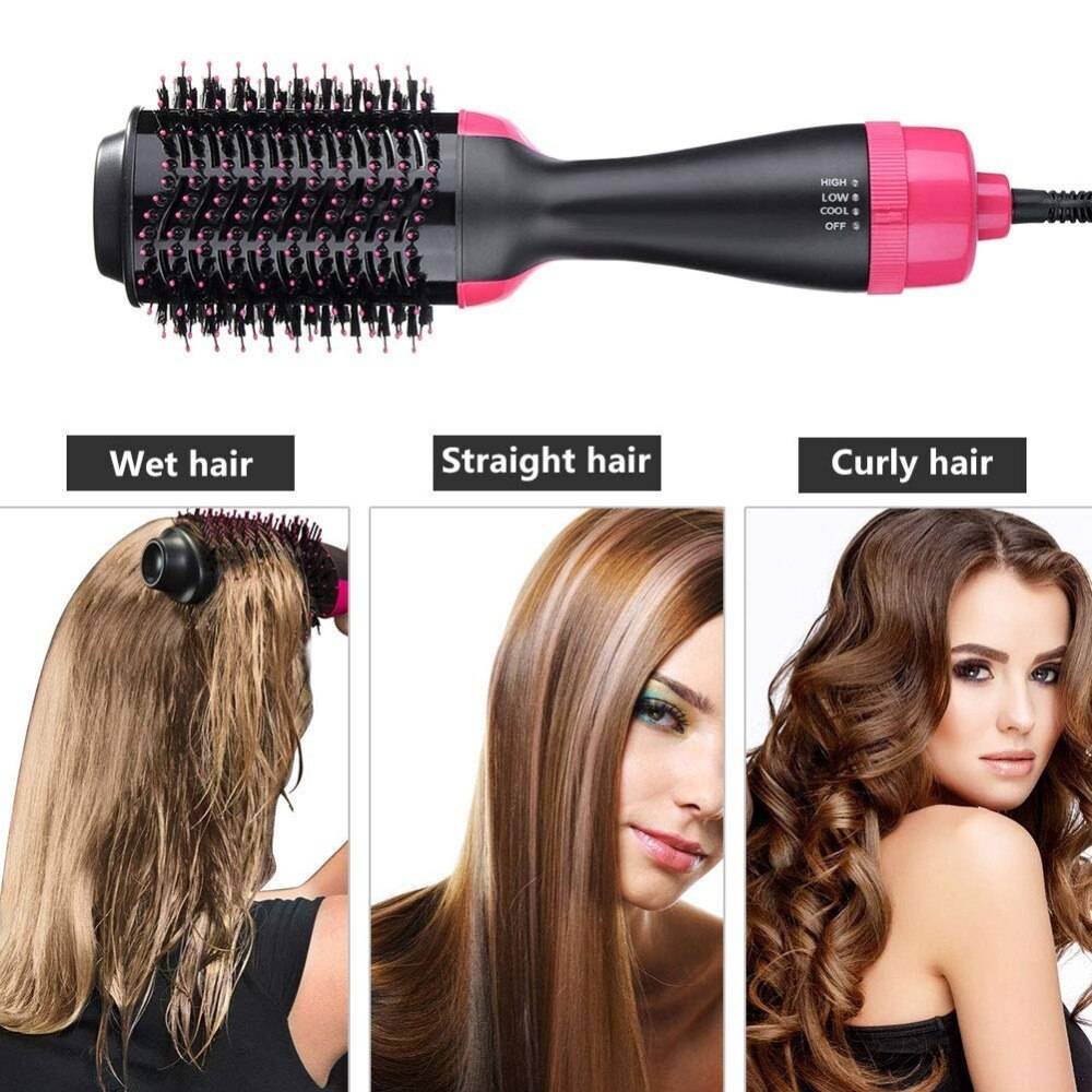 Hot Air Hair Dryer Brush & Volumizer used on wet, straight, and curly hair for versatile styling options.