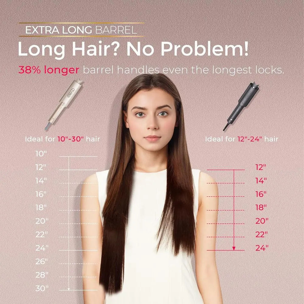 Image showcasing the Automatic Rotating Curling Iron for Long Hair with extra long barrel features for styling long locks.