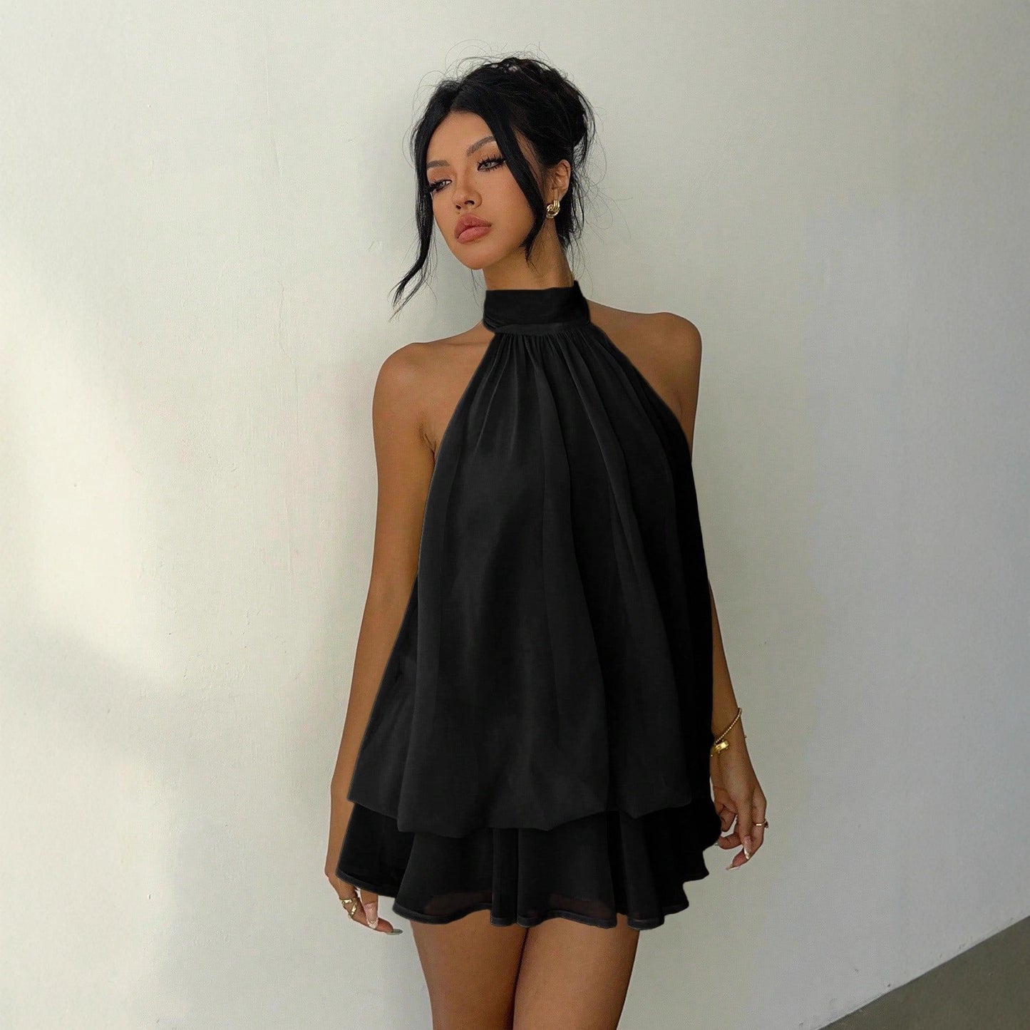 Backless Halter Mini Dress Y2K Party Outfit in black, stylish and trendy for special occasions.